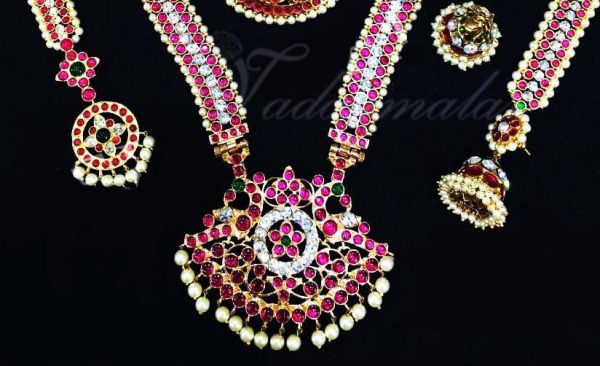 Gold kemp Temple Jewellery Bharatanatyam Kuchipudi Kemp Jewellery Dance Set 
