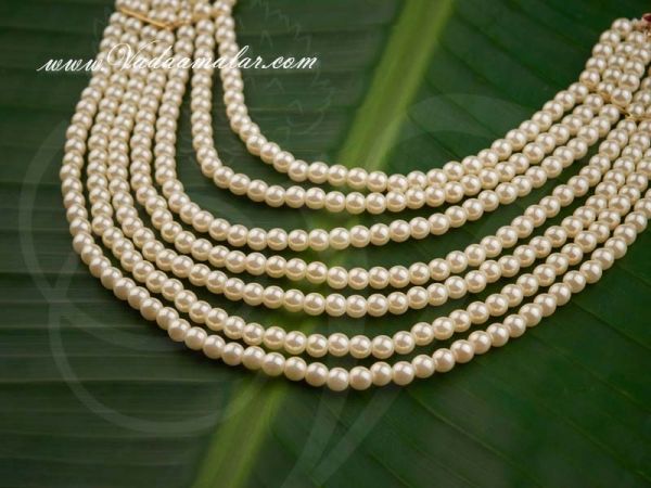Gold Plated Temple Jewellery Kempu Stone Long Pearl Necklace 