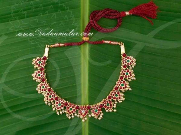 Gold plated temple jewellery kempu short necklace for sarees traditional costumes buy now