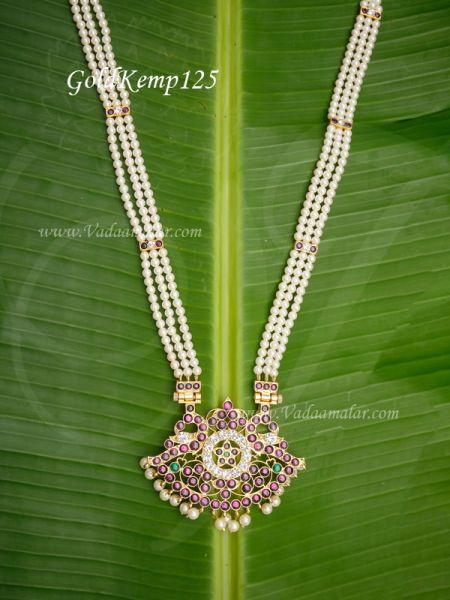 Gold plated temple jewellery kempu stone Long 3 Line pearl necklace 13 inches