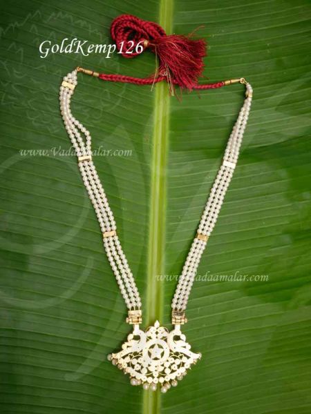 Gold plated temple jewellery kempu stone Long 3 Line pearl necklace 13 inches