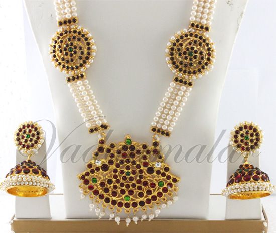 Tradtional Temple Jewel design India Pearl Strings Necklace and Earring Set