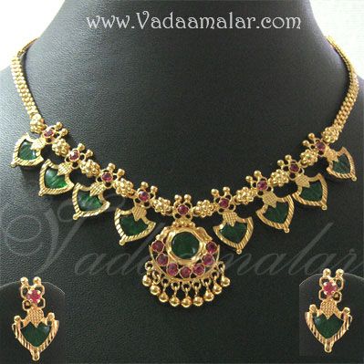 Short Choker Kerala Pearl Palakka Necklace India Green Maroon enamel