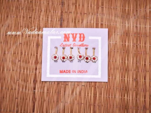 6 pieces Barathanatiyam nose pin stud white and red colour stones nose pins unpierced