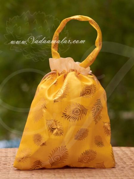 10 x 8 Yellow Colour Potli Bag with wide golden lace Wedding Return ...
